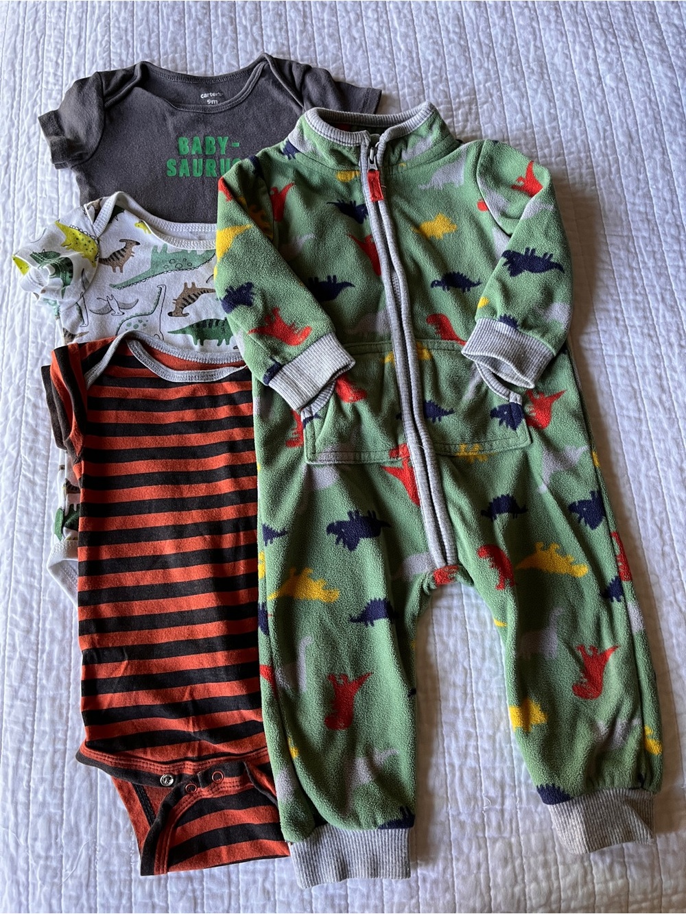 Carter's Green Fleece Dinosaur Zip Romper and Multi-Color/Dino Onesies